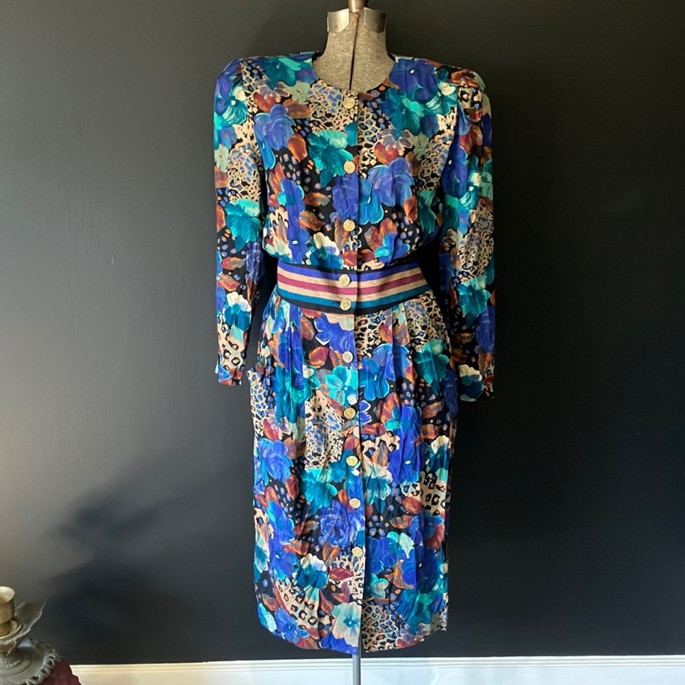 Vintage 1990s Positive Attitude Blue Floral & Leopard Print Dress Size 7/8